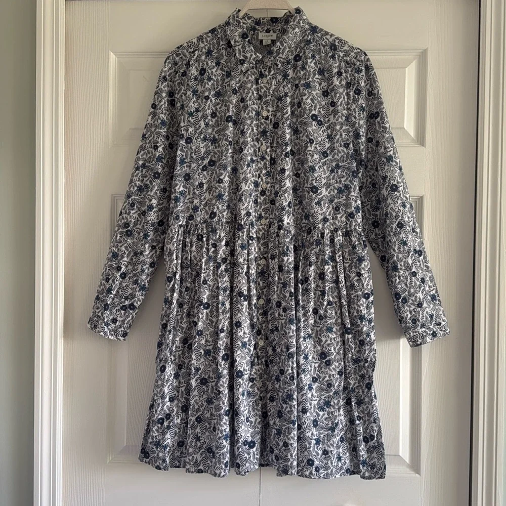 J. Crew Navy and White Floral Long-Sleeve Button Dress - Picture 1 of 16